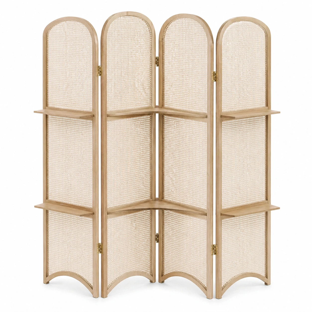 Separador de ambientes plegable con estantes integrados de madera natural 3 paneles 106 x 180 cm-cartdova